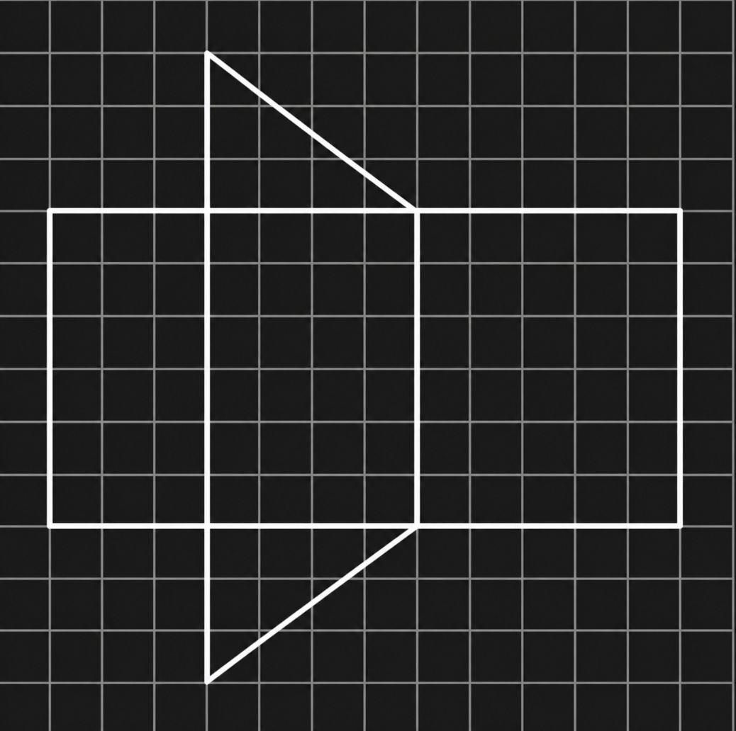 Geometrische Figur aus Quadraten mit zwei dreieckigen Ausbuchtungen auf kariertem Raster.